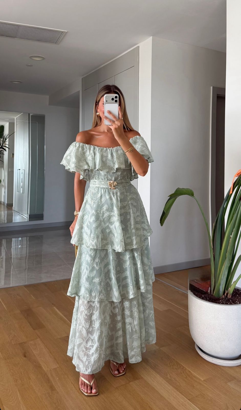WhatsApp Image 2026-06-22 at 3.51.17 PM Mint Green Off Shoulder Ruffle Maxi Dress - Image 1