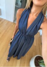 Navy Blue Halter Maxi Summer Dress - Image 2