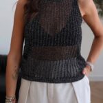 Black Metallic Sheer Knit Sleeveless Top
