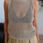Beige Metallic Sheer Knit Sleeveless Top