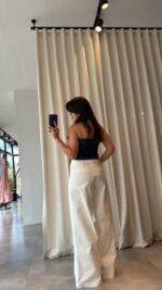 High Waist Wide Leg Cream Pants - Image 2