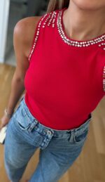 Red Sleeveless Top With Rhinestone Trim - Image 2