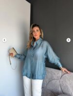 Women's Light Blue Satin Button-Up Shirt