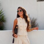 Beige Button Front Sleeveless Short Set