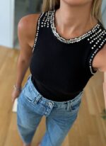 Black Sleeveless Tank Top With Rhinestone Trim - Image 2