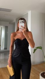 Black Strapless Textured Bustier Top