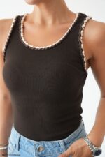 Black Ribbed Tank Top With Braided Trim - Image 2