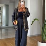 Navy Embroidered Wide Leg Pants and Kimono Set