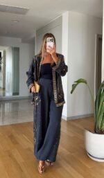 Navy Embroidered Wide Leg Pants and Kimono Set