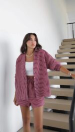 Burgundy Striped Shirt and Shorts Set