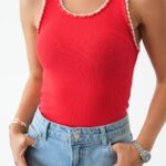 Red Ribbed Tank Top With White Trim