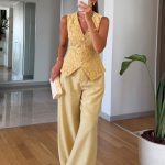 Yellow Lace Vest and Wide Leg Pants Set