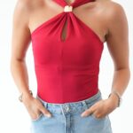 Red Halter Neck Keyhole Tank Top