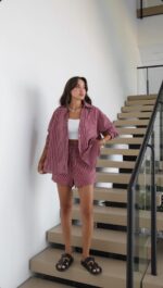 Burgundy Striped Shirt and Shorts Set - Image 3