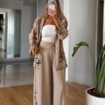Beige Embroidered Wide Leg Pants Set