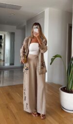 Beige Embroidered Wide Leg Pants Set