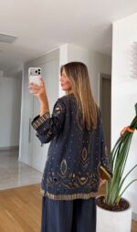 Navy Embroidered Wide Leg Pants and Kimono Set - Image 2