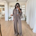 Taupe Wide Leg Pants and Jacket Set