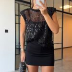 Black Sequin Sleeveless Mesh Top