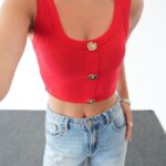 Red Ribbed Button Front Crop Top