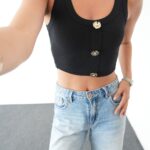 Black Ribbed Button Front Crop Top