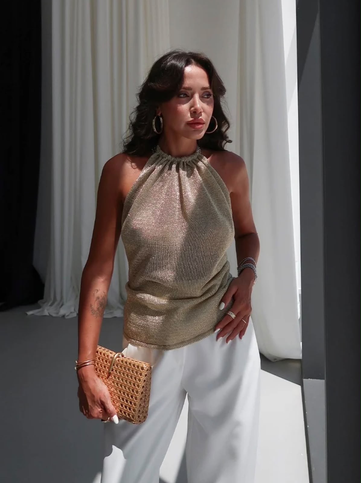 a16fa145-8765-48c0-9a4e-4bdce8d77ed6 Gold Metallic Halter Neck Top - Image 1