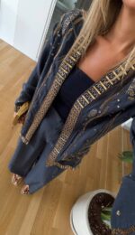Navy Embroidered Wide Leg Pants and Kimono Set - Image 3