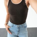 Black Ribbed Tank Top With Braided Trim