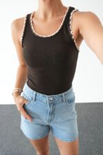 Black Ribbed Tank Top With Braided Trim