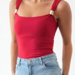 Red Sleeveless Bodysuit With Gold Strap Detail