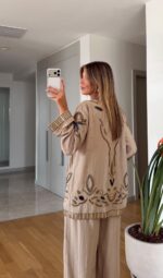 Beige Embroidered Wide Leg Pants Set - Image 3