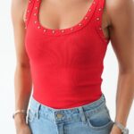 Red Ribbed Tank Top With Stud Details