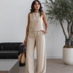 Beige Sleeveless Wide Leg Set