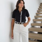 Black Short Sleeve Collared Lace Trim Top
