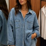 Light Blue Rhinestone Denim Shirt Jacket