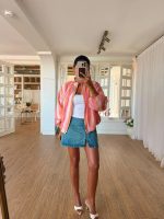 Pink Orange Stripe Zip Bomber Jacket - Image 2