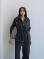 Women's Black Zip-Up Drawstring Pants Set