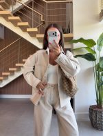 Beige Oversized Denim Jacket and Pants Set - Image 3