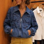 Blue Denim Floral Cutout Bomber Jacket