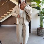 Beige Oversized Denim Jacket and Pants Set
