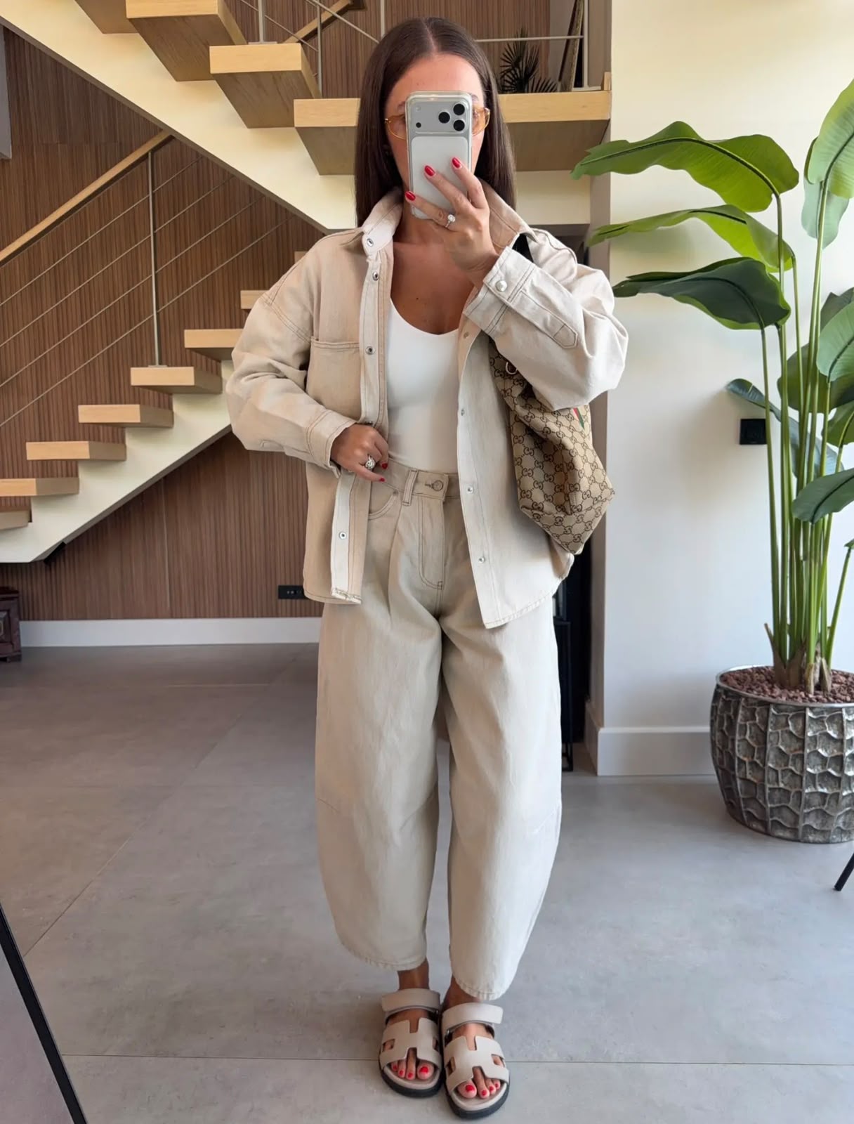 d913db26-27f9-4e9c-ad3b-0fac68f54ed9 Beige Oversized Denim Jacket and Pants Set - Image 1