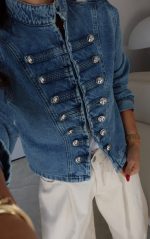 Denim Military Style Button Jacket - Image 2