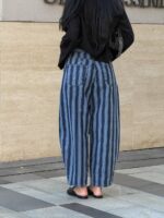 Blue Striped Wide Leg Denim Jeans - Image 2