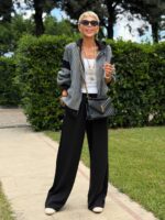 Black Wide Leg Pants With Grey Jacket Set
