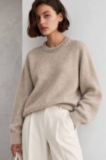 Beige Sweater With Embellished Collar - Image 2
