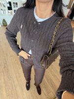 Brown Cable Knit Cardigan Sweater - Image 2