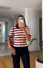 Striped Short Sleeve Button Cardigan