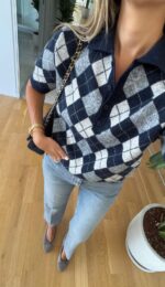 Navy Argyle Knit Polo Top - Image 2