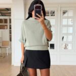 Sage Green Knit Sweater and Black Mini Skirt