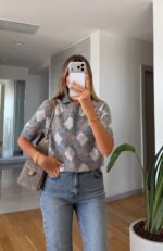 Gray Argyle Knit Polo Top